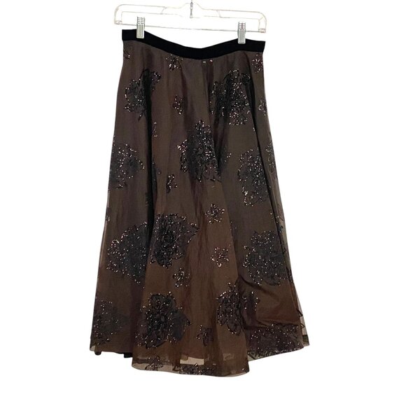 Vintage Rosecrest Floral Leaf Sequin Full Midi Skirt Womens Size 14 Black Brown